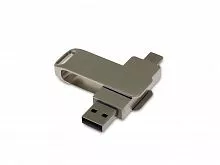 USB 2.0- флешка на 32 Гб поворотный механизм 2 в 1, c дополнительным разъемом Type-C с одноцветным металлическим клипом, серый