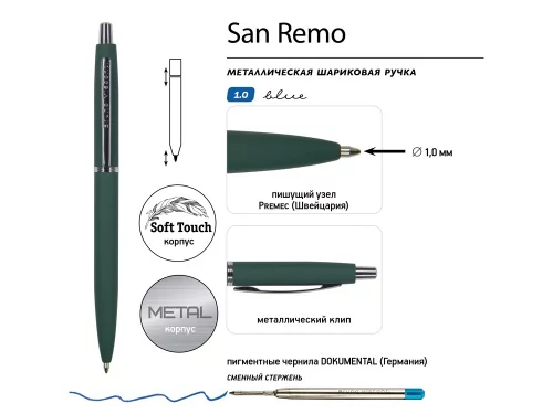 Ручка металлическая шариковая San Remo, софт-тач, 1.0 мм, зеленый фото 2
