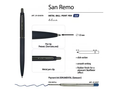 Ручка SAN REMO шариковая, автоматическая, темно-синий металлический корпус 1.00 мм, синяя фото 2