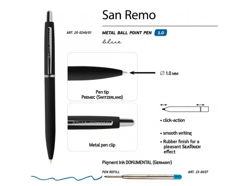Ручка SAN REMO шариковая  автоматическая, черный металлический корпус, 1.00 мм, синяя фото 2