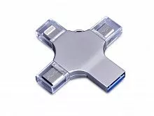 USB-флешка на 64 Гб 4 в 1 поворотный механизм, c дополнительными разъемами MicroUSB, TypeC и Lightning, серебристый
