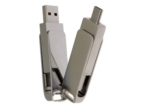 USB 2.0- флешка на 16 Гб поворотный механизм 2 в 1, c дополнительным разъемом Type-C с одноцветным металлическим клипом, серебристый фото 4