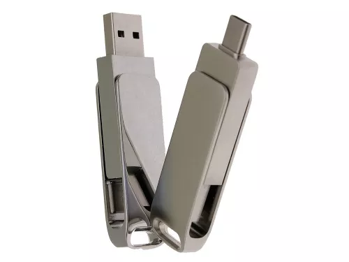 USB 2.0- флешка на 16 Гб поворотный механизм 2 в 1, c дополнительным разъемом Type-C с одноцветным металлическим клипом, серый фото 4