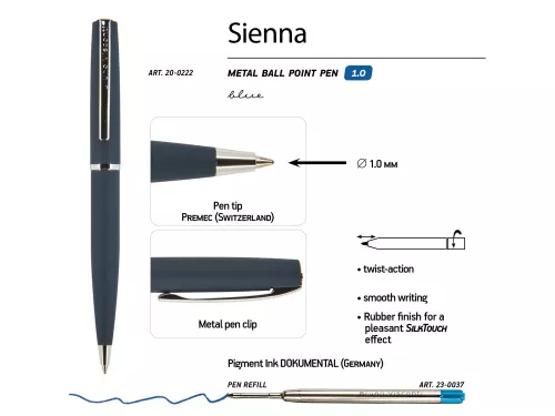 Ручка Sienna шариковая  автоматическая, синий металлический корпус, 1.0 мм, синяя фото 2