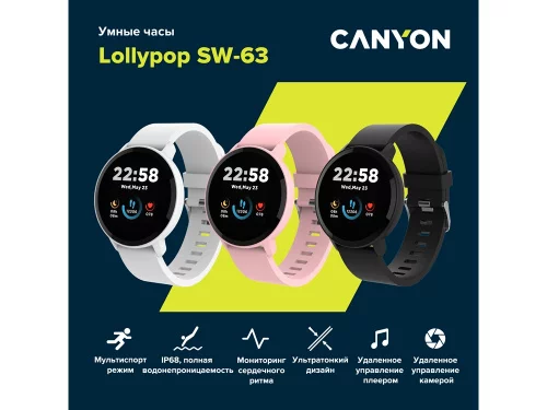 Умные часы CANYON Lollypop SW-63, IP 68, BT 5.0, сенсорный дисплей 1.3, розовый фото 8