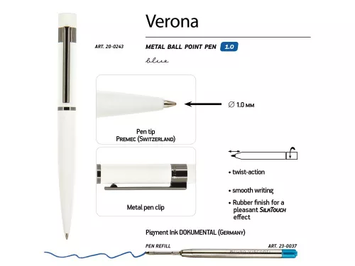 Ручка Verona шариковая автоматическая, белый металлический корпус, 1.0 мм, синяя фото 2