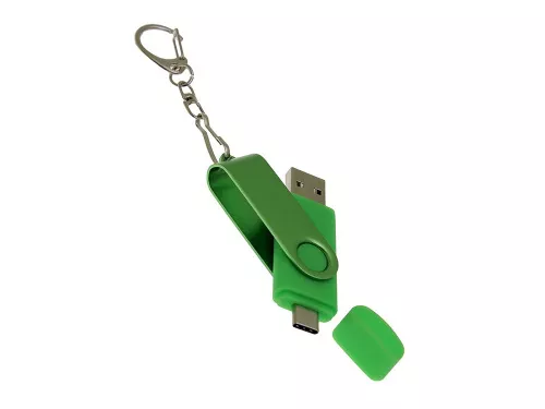 USB-флешка на 64 Гб 2 в 1 поворотный механизм, c дополнительным разъемом Type-C с одноцветным металлическим клипом, зеленый фото 3