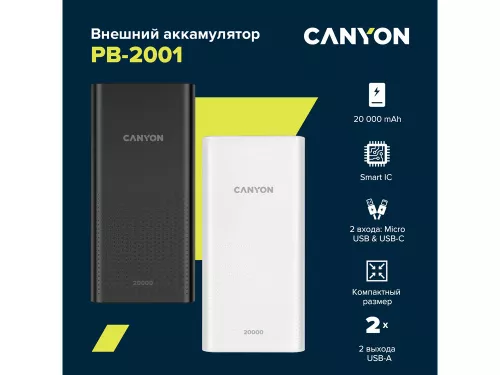Портативный аккумулятор Canyon PB-2001 (CNE-CPB2001B), черный фото 3