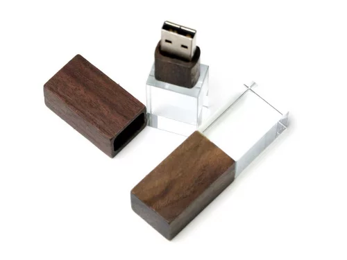 USB-флешка на 64 ГБ прямоугольной формы, под гравировку 3D логотипа, материал стекло, с деревянным колпачком красного цвета, белый фото 2