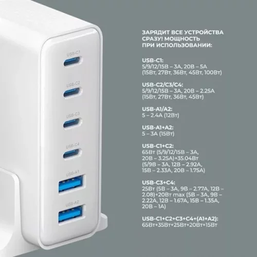 Зарядная станция 4xUSB Type-C, 2xUSB, PD, QC, 160Вт фото 3