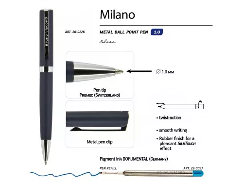 Ручка шариковая автоматическая BrunoVisconti® MILANO цвет корпуса синий, 1 мм фото 2