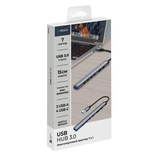 USB-хаб USB-A 3.0 + 2xUSB-A 2.0 + 4xUSB-C, серый, Deppa фото 3