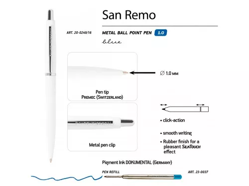 Ручка SAN REMO шариковая, автоматическая, белый металлический корпус 1.00 мм, синяя фото 2