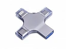 USB-флешка на 128 Гб 4 в 1 поворотный механизм, c дополнительными разъемами MicroUSB, TypeC и Lightning, серебристый