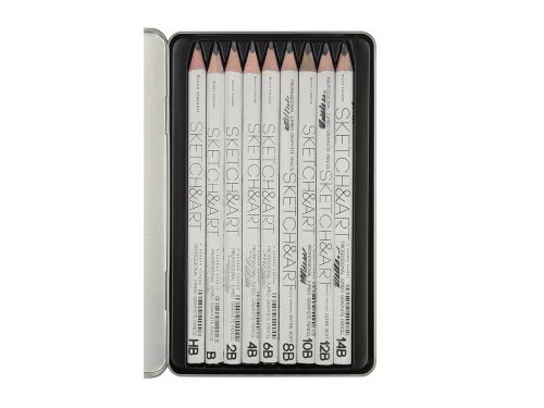 Набор чернографитовых карандашей  Sketch & Art  утолщенные,9 шт. hb-14b,  металлическая коробка с ложементом фото 2