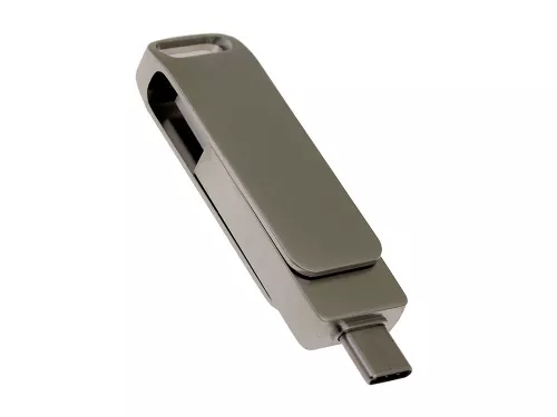 USB 2.0- флешка на 16 Гб поворотный механизм 2 в 1, c дополнительным разъемом Type-C с одноцветным металлическим клипом, серый фото 5