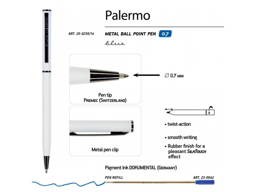 Ручка шариковая автоматическая BrunoVisconti® PALERMO цвет корпуса белый, soft-touch, 0.7 мм фото 2